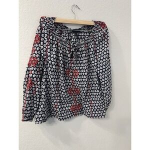 J Crew Women Sz 4P Boho Peasant Navy Red Floral Top Blouse Shirt Embroidered